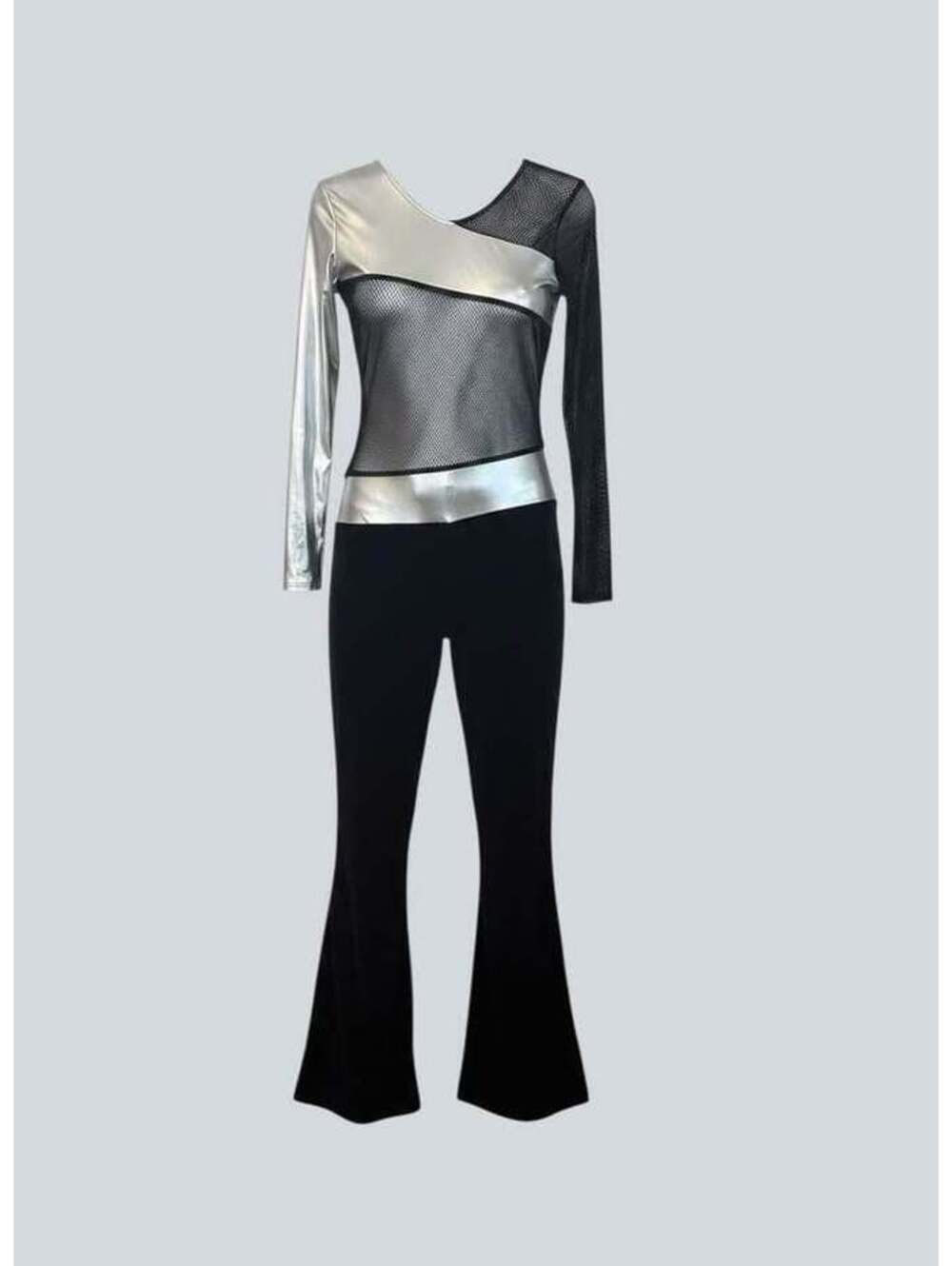 Silver Metallic Mesh Top and Black Flared Performance Jumpsuit